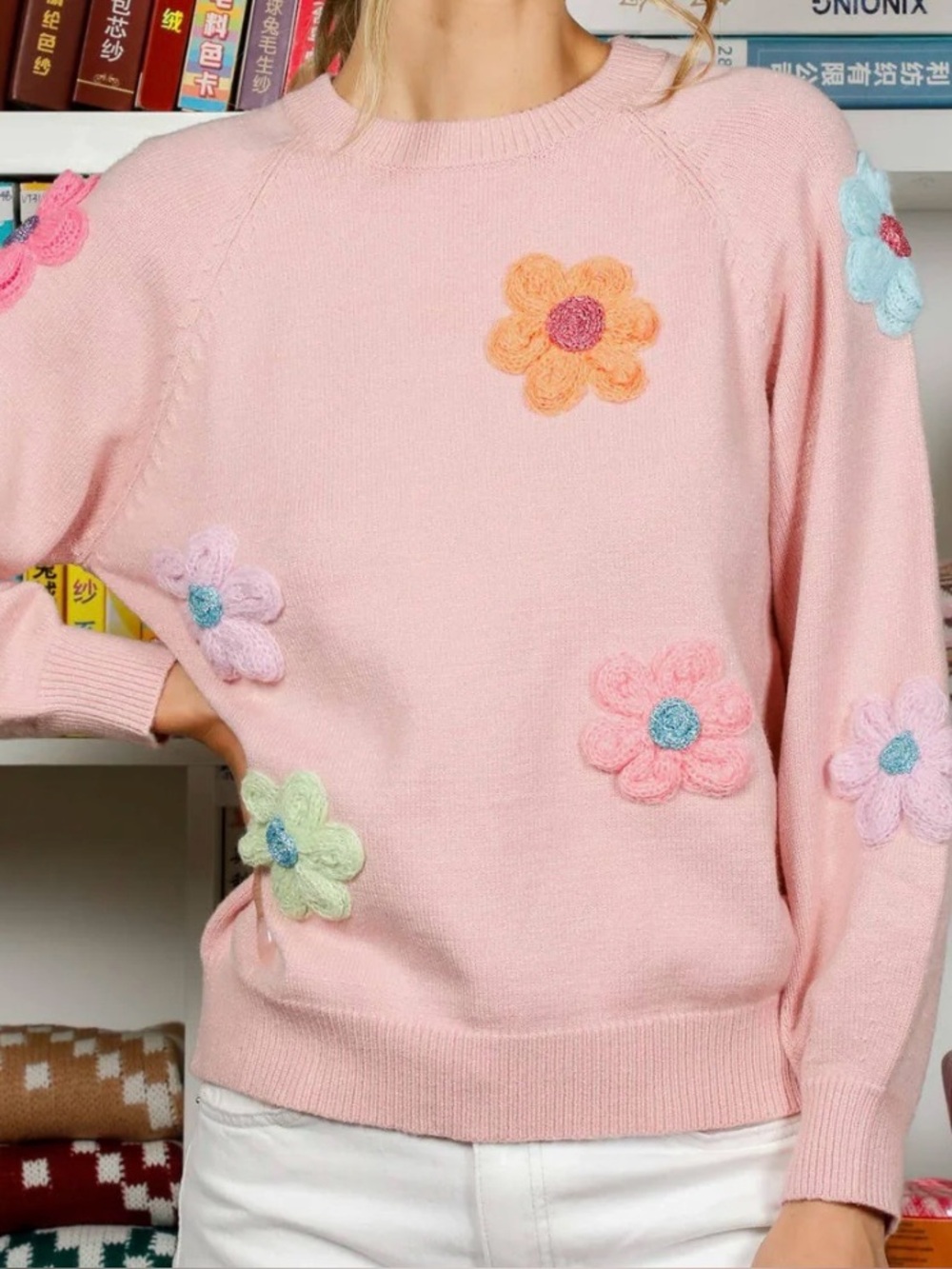 Women's POL Pink Floral Applique Knit Sweater SIZE S